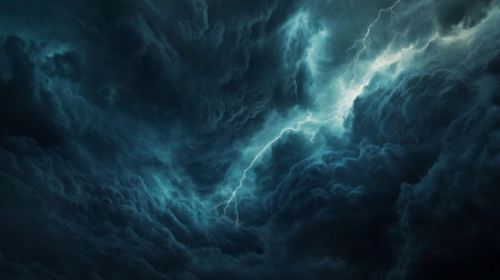 Close-up of dark, menacing storm clouds forming on the horizon, with lightning streaking through and a dramatic contrast against the sky.の素材