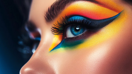 Close-up of a woman with vibrant, artistic makeup, featuring colorful eyeshadow and eyeliner, demonstrating creativity and boldness in her beauty look.の素材