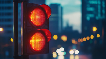 Close-up of a traffic light showing the red signal, with clear details of the light's casing and the illuminated color against a city backdrop.の素材