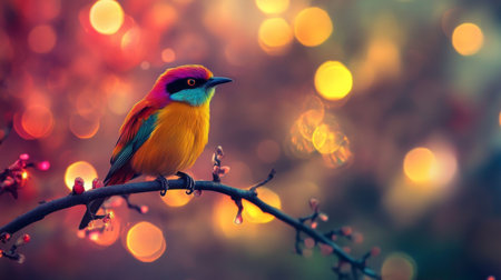 Close-up of a vibrant bird perched on a branch, with a stunning, blurred background of colorful lights and bokeh effects creating a magical atmosphere.の素材