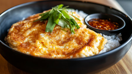 Close-up of a Thai-style omelette with golden, crispy edges, served atop a bowl of rice, with a small dish of chili sauce on the side.の素材