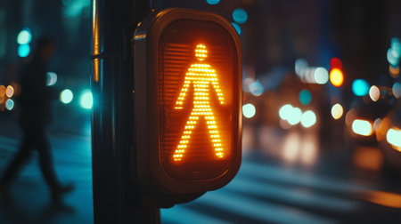 Close-up of a traffic signal showing a pedestrian crossing light, with a focus on the illuminated symbol and the street scene in the background.の素材