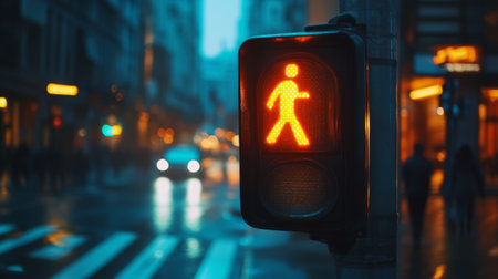 Close-up of a traffic signal showing a pedestrian crossing light, with a focus on the illuminated symbol and the street scene in the background.の素材