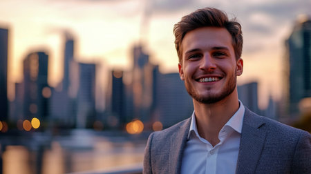 Close-up of a young businessman smiling confidently while standing in front of a city skyline, reflecting success and ambition in his professional journey.の素材