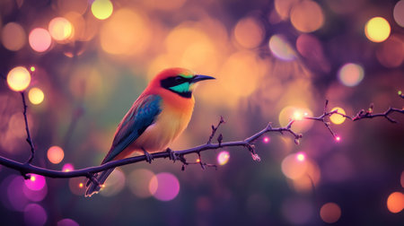 Close-up of a vibrant bird perched on a branch, with a stunning, blurred background of colorful lights and bokeh effects creating a magical atmosphere.の素材