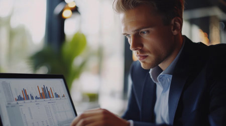 Close-up of a young businessman in a sharp suit, confidently looking at a laptop screen with financial charts, showcasing professionalism and focus.の素材