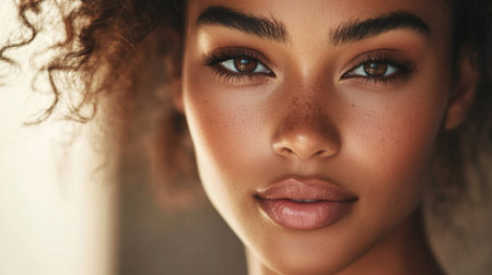 Close-up of a woman's beautiful face, with clear, glowing skin and a serene expression, highlighting her natural beauty and elegance.の素材