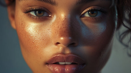 Close-up of a woman's beautiful face, with clear, glowing skin and a serene expression, highlighting her natural beauty and elegance.の素材
