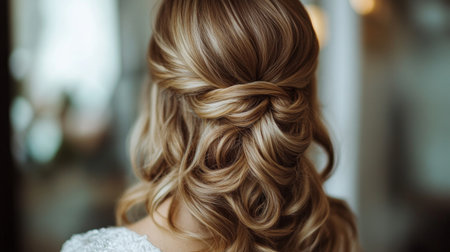 Close-up of a woman hair styled in a trendy, half-up, half-down look, with soft curls and a polished, sophisticated finish.の素材