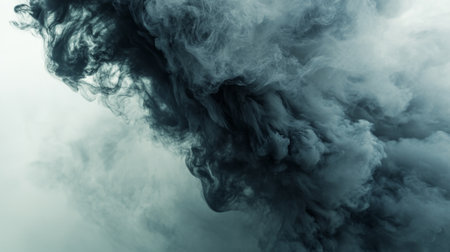 Close-up of dense smoke billowing from a fire, capturing the swirling, dark clouds and the intense, dynamic movement of the smoke.の素材