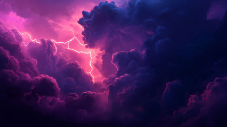 Close-up of dark, menacing storm clouds forming on the horizon, with lightning streaking through and a dramatic contrast against the sky.の素材