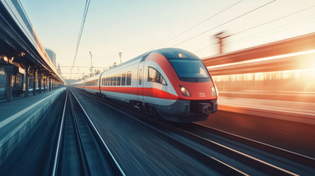 Close-up of an electric train gliding smoothly along the tracks, highlighting the sleek design and modern features against a clear sky.の素材