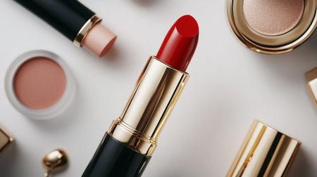 Close-up of an open lipstick with a luxurious red shade, surrounded by other cosmetic products like foundation and blush on a pristine white background.の素材