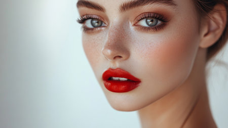 Close-up of a woman with a flawless makeup look, featuring a glowing complexion, dramatic eye makeup, and a bright red lip, showcasing her polished appearance.の素材