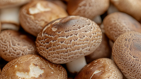 Close-up of fresh shiitake mushrooms with their rich, brown caps and textured gills, showcasing their natural, earthy appearance and detail.の素材