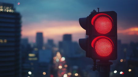 Close-up of a traffic light showing the red signal, with clear details of the light's casing and the illuminated color against a city backdrop.の素材