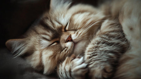 Close-up of a round, fluffy cat napping with its paws tucked under its chin, eyes closed peacefully, capturing the essence of relaxation.の素材