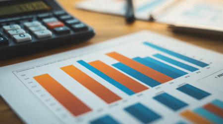 Close-up of a printed financial graph with colorful bar charts and line indicators, displayed on a desk alongside financial documents and a calculator.の素材