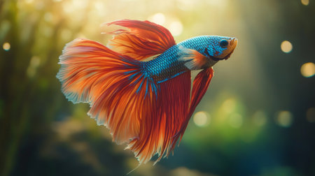 Close-up of a vibrant Betta fish with flowing fins and bright colors, swimming gracefully in a clear, well-lit aquarium with a natural background.の素材