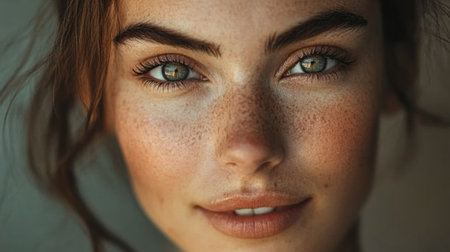 Close-up of a woman with expressive eyes and a gentle smile, emphasizing her well-defined features and natural beauty in a soft, flattering light.の素材
