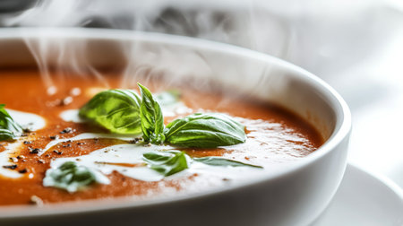 Close-up of a steaming bowl of hot tomato soup with a swirl of cream and basil leaves, against a white background, highlighting its vibrant color and warmth.の素材