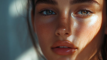 Close-up of a woman's beautiful face, with clear, glowing skin and a serene expression, highlighting her natural beauty and elegance.の素材