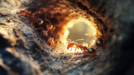 Close-up of an ant nest with several ants emerging, focusing on the entrance and the busy activity of the ants as they move in and out.の素材