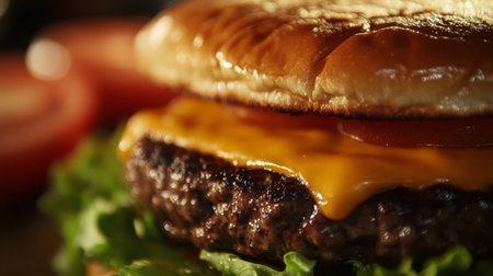Close-up of a perfectly grilled cheeseburger with melted cheese, crisp lettuce, and fresh tomato, highlighting the delicious details of the classic Western favorite.の素材