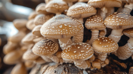 Close-up of shiitake mushrooms growing on a log or substrate, highlighting their natural growing environment and the texture of their caps and stems.の素材