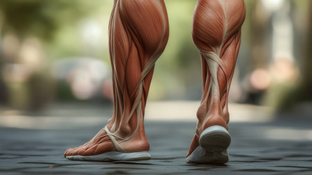 Close-up of human legs with a focus on toned muscles and skin texture, captured in a natural pose to highlight physical fitness and body structure.の素材