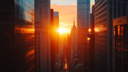 Close-up of the sun setting between skyscrapers, with the building edges creating a natural frame for the warm, colorful sunset and the city skyline.の素材