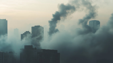 Close-up of smoke drifting through an urban environment, with the city skyline faintly visible through the hazy, thick smoke.の素材