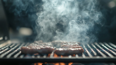Close-up of smoke rising from a barbecue grill, capturing the light, wispy smoke and the grill's contents as they cook.の素材