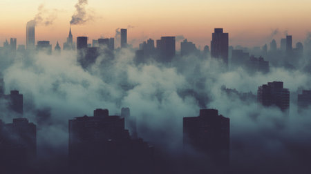 Close-up of smoke drifting through an urban environment, with the city skyline faintly visible through the hazy, thick smoke.の素材