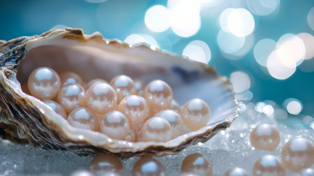 Close-up of pearls gently spilling from an open oyster shell, showcasing their natural beauty and the mystery of the ocean.の素材