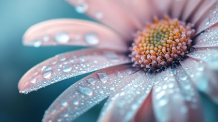 Detailed image of a flower with intricate water droplets on its petals, highlighting the textures and natural beauty of the flower in a serene setting.の素材