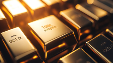 Close-up of gleaming gold bars stacked neatly, reflecting light and showcasing their bright, polished surfaces, symbolizing wealth and investment.の素材