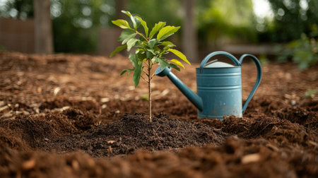 Close-up view of a newly planted tree surrounded by mulch and watering can, illustrating the care and attention given to nurturing the sapling.の素材