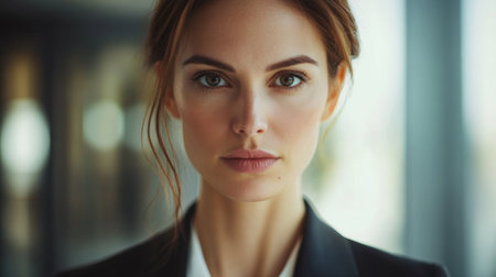 Detailed close-up of a businesswoman with an assertive expression, wearing a smart suit and showcasing her professional demeanor and expertise.の素材