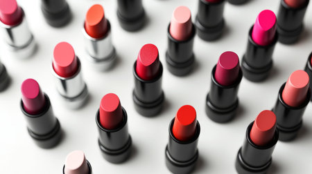 Close-up of various lipstick shades arranged on a clean white background, showcasing the vibrant colors and sleek packaging of each product.の素材