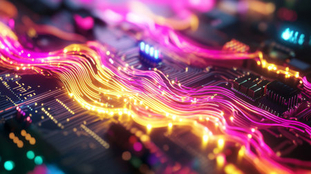 Colorful electric waves spreading across a circuit board, illustrating the power and complexity of electronic devices in modern technology.の素材