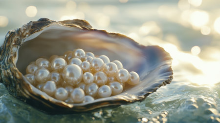 Close-up of pearls gently spilling from an open oyster shell, showcasing their natural beauty and the mystery of the ocean.の素材
