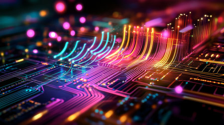 Colorful electric waves spreading across a circuit board, illustrating the power and complexity of electronic devices in modern technology.の素材