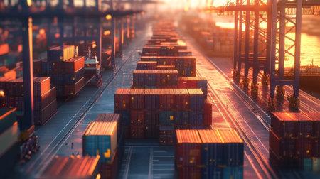 Detailed shot of a cargo ship deck, highlighting the containers and loading equipment with a clear view of the surrounding port area.の素材