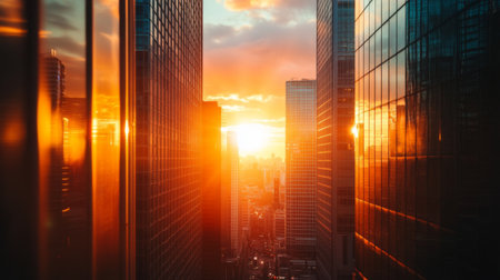 Close-up of the sun setting between skyscrapers, with the building edges creating a natural frame for the warm, colorful sunset and the city skyline.の素材