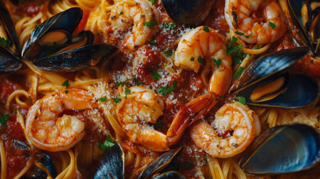 Delicious seafood pasta from above, with shrimp, clams, and mussels mixed in a rich tomato sauce, garnished with parsley and Parmesan cheese.の素材