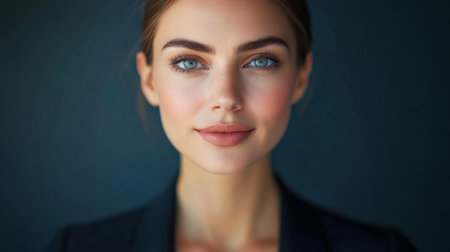 Detailed portrait of a businesswoman with clear skin and a professional expression, wearing business attire and exuding confidence and leadership.の素材