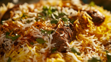 Close-up view of a traditional Indian biryani with layers of fragrant rice, meat, and spices, showcasing the dish's vibrant colors and garnishes.の素材