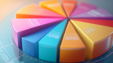 Close-up view of a 3D pie chart with segments highlighted in different shades, showing detailed labels and percentages for clear data representation.の素材