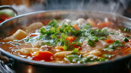 Detailed shot of a hot pot filled with vibrant vegetables, tender slices of meat, and aromatic herbs, captured with steam rising from the simmering broth.の素材